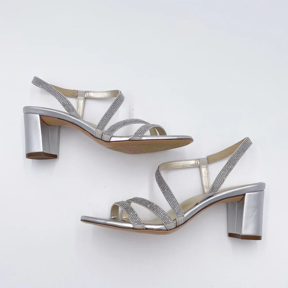 Naturalizer Silver Crystal-Strap Slingback Block Heels